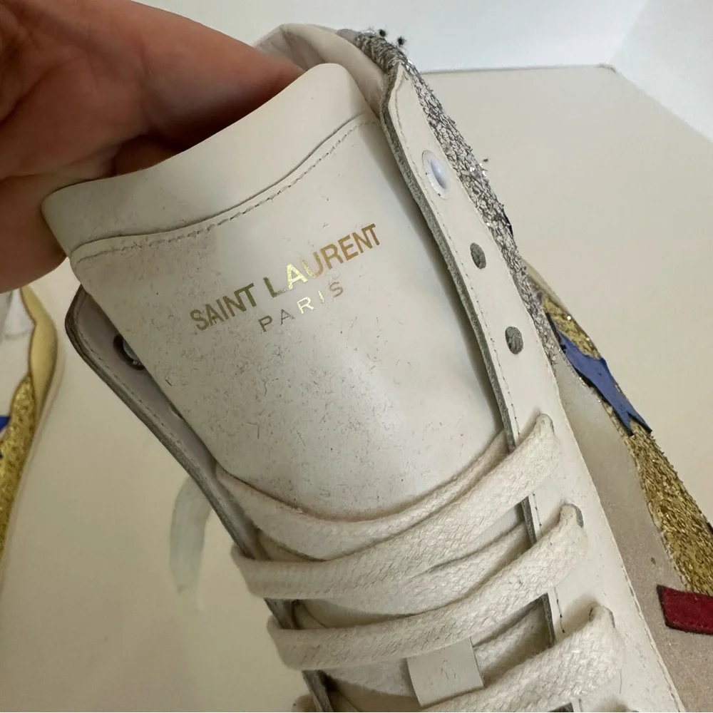 YSL Mid top sneaker with appliqué “Love” “Stars” and glitter panels 43.5 - Picture 10 of 12